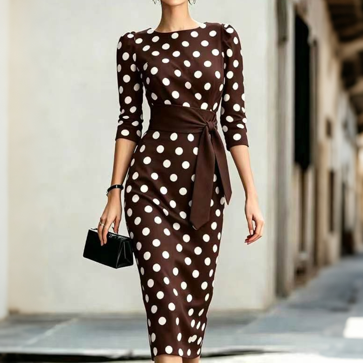 Retro Polka Dot Lace Up Waist Slim Fit Midi Dress