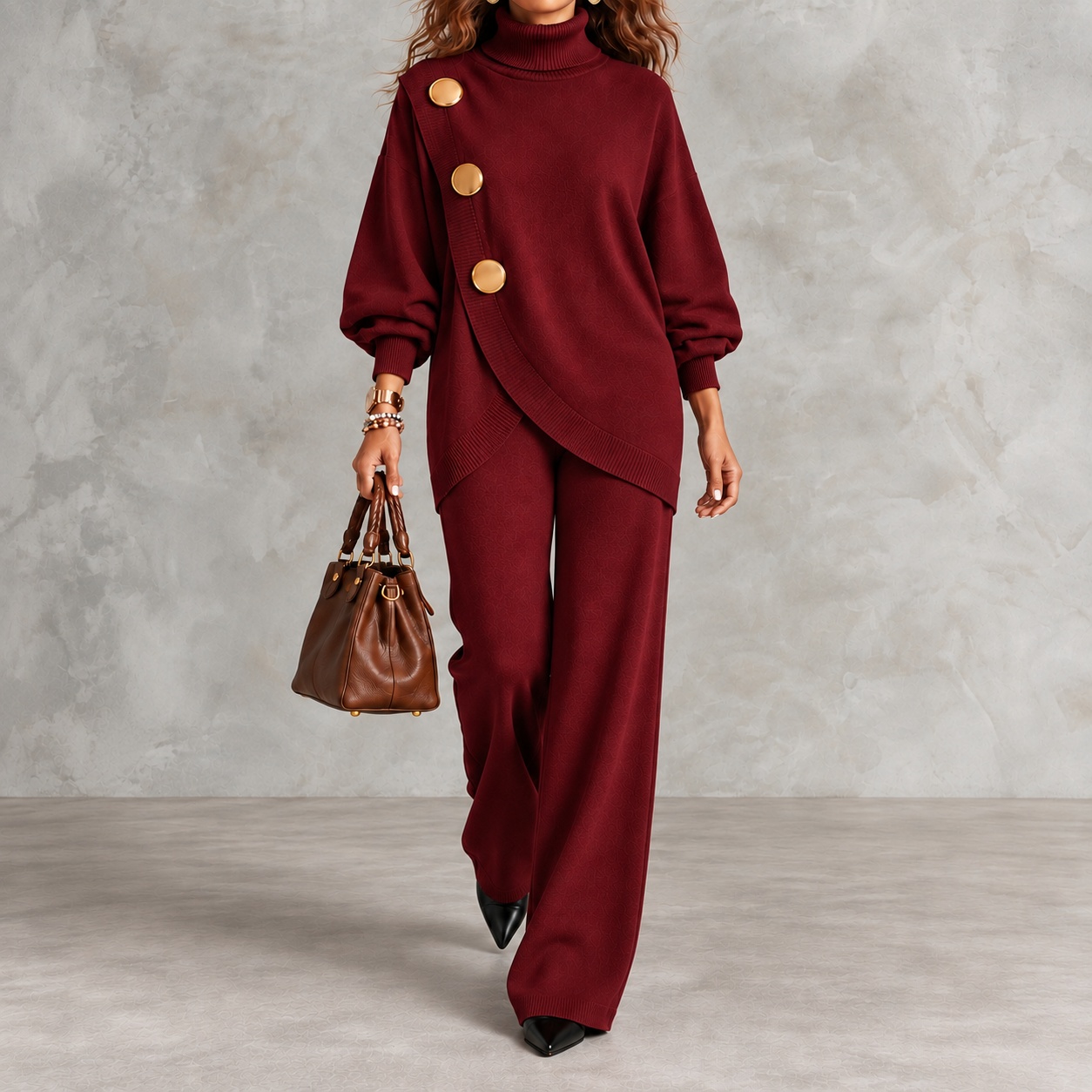 Asymmetric Pocket Button-detail Knit Sweater And Knit Trousers Two-piece Set