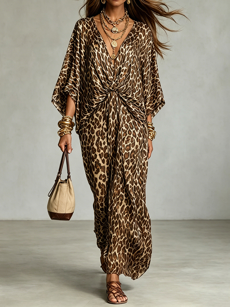 Vacation V-neck  Leopard Print Waist Beach Maxi Dress