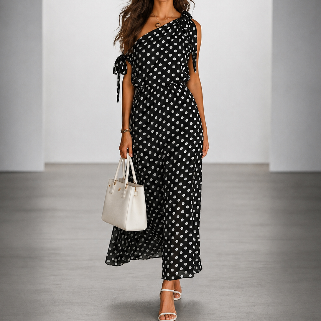 Elegant Off-shoulder Sleeveless Polka Dot Maxi Dress