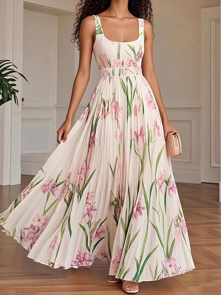 Pleated Slim Fit Floral Print Slip Dress