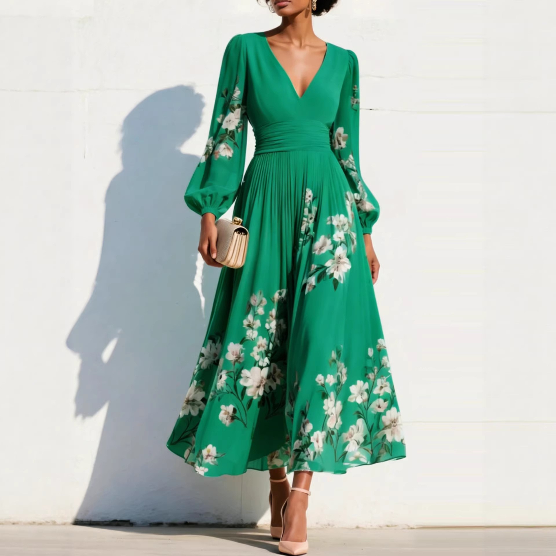 Elegant Floral Print Long-sleeved V-neck Pleated Dress