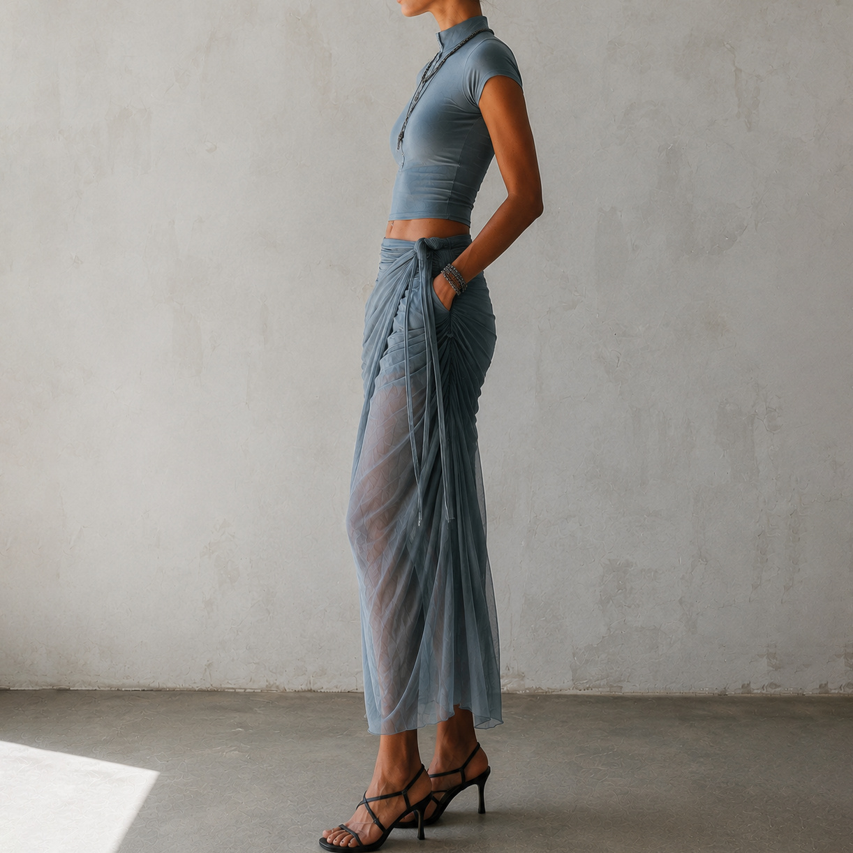 Stand-up Collar Button-down Top And Flowing Tulle Skirt Set
