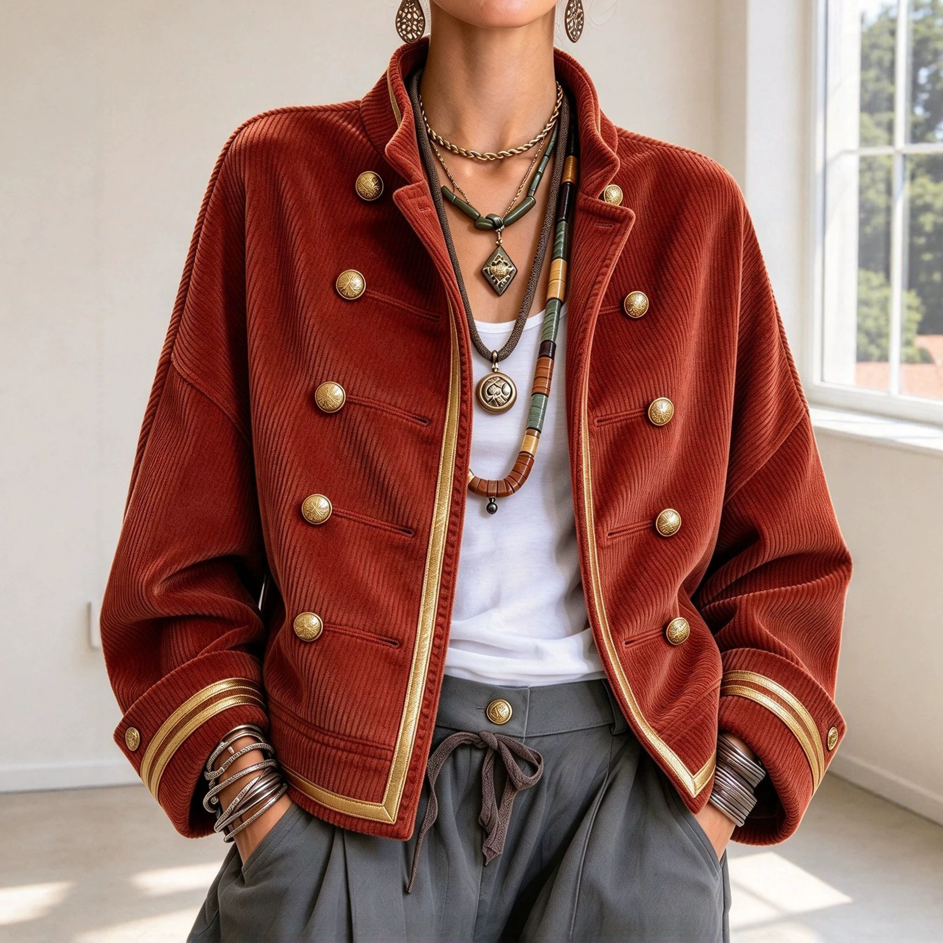 Women's Fall Winter Cozy Napoleonic Stand-up Collar Gold Trim Double-breasted Button Corduroy Jacket
