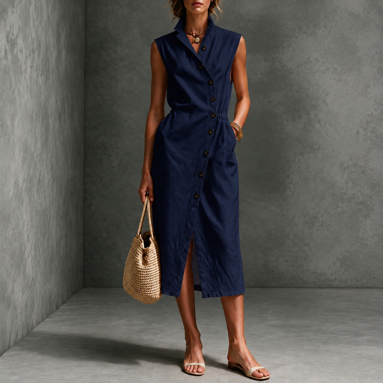 Vacation Sleeveless Lapel Asymmetric Button Midi Dress