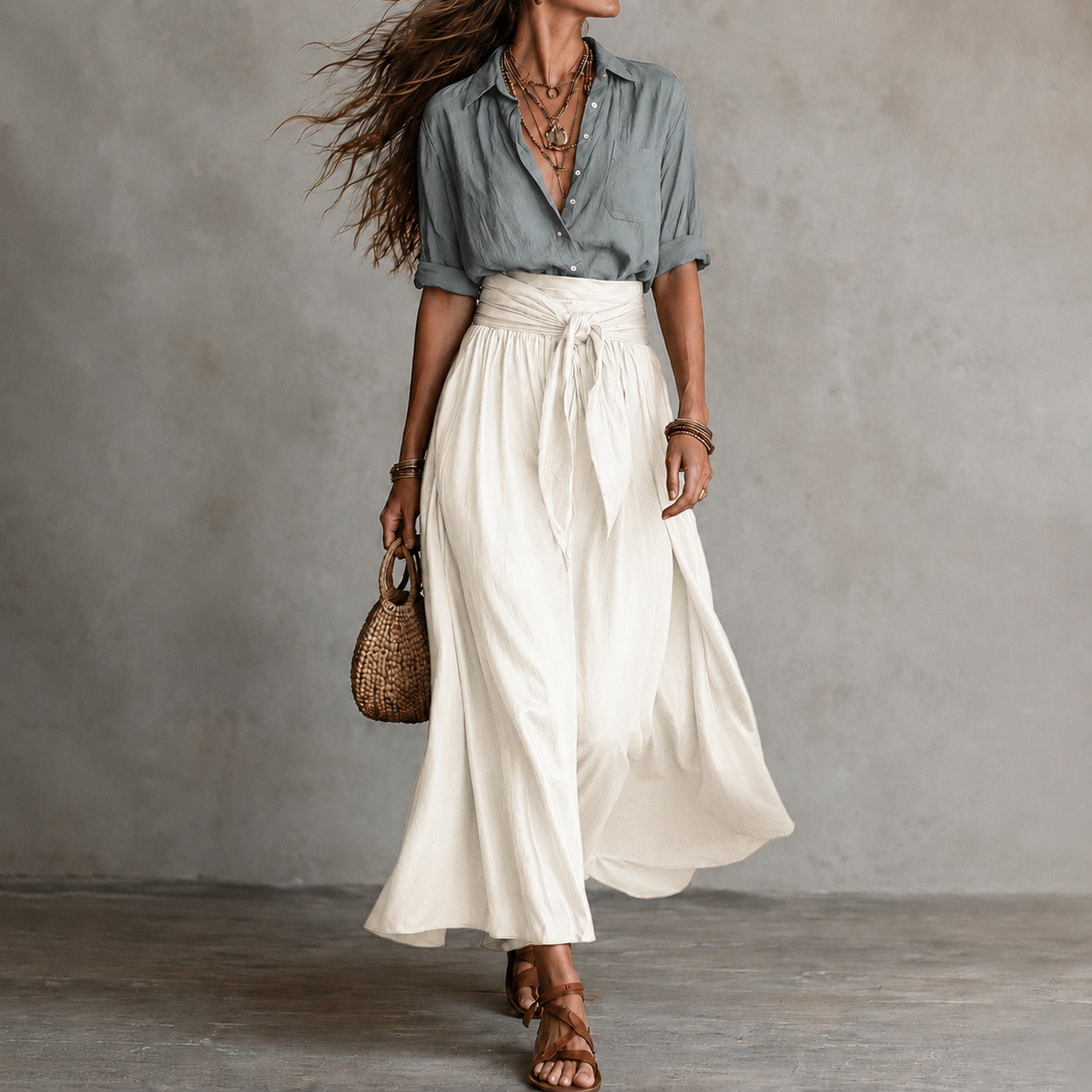 Retro  Two-piece Set Of Skirt And Shirt Maxi Dress