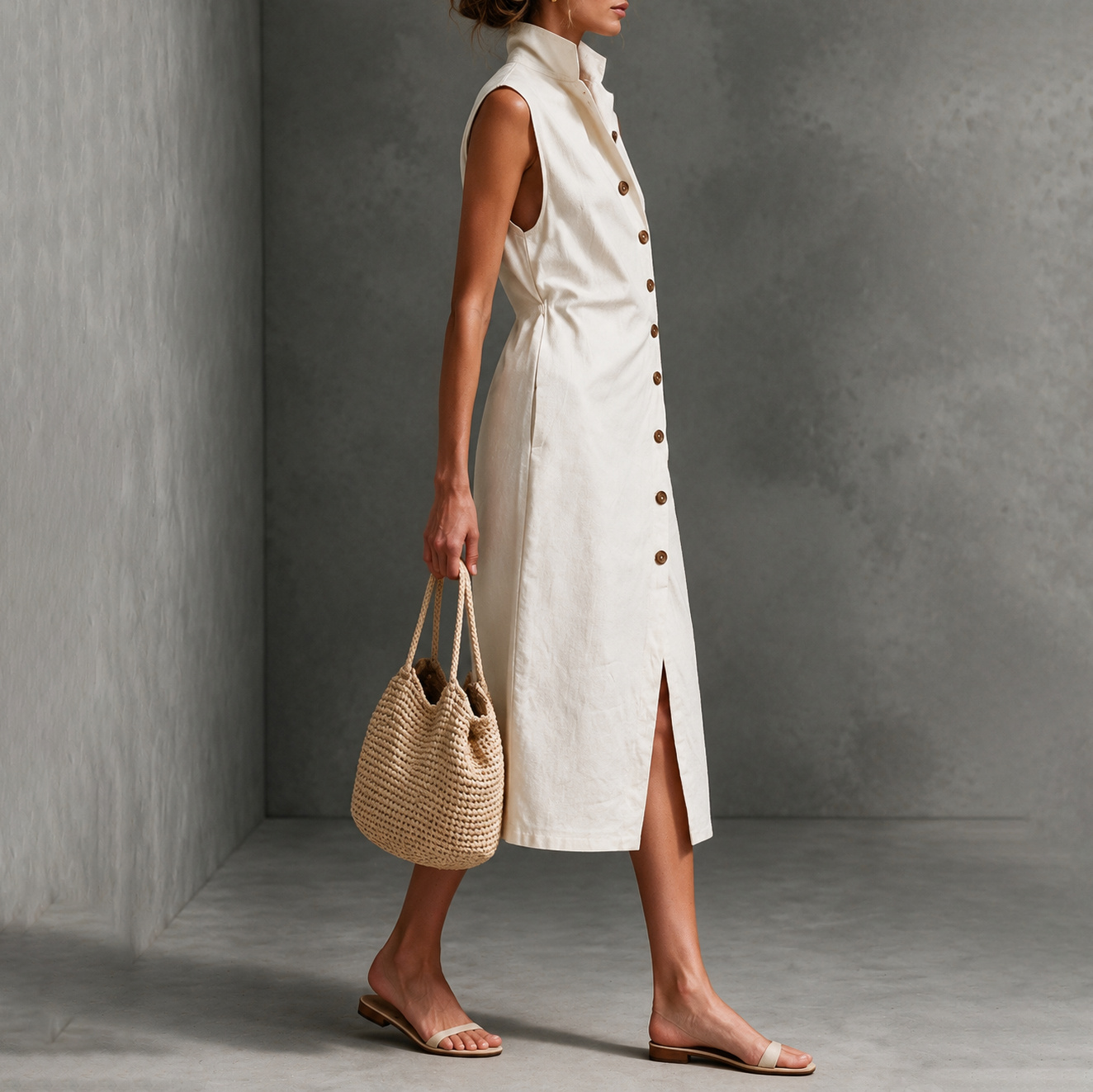 Vacation Sleeveless Lapel Asymmetric Button Midi Dress