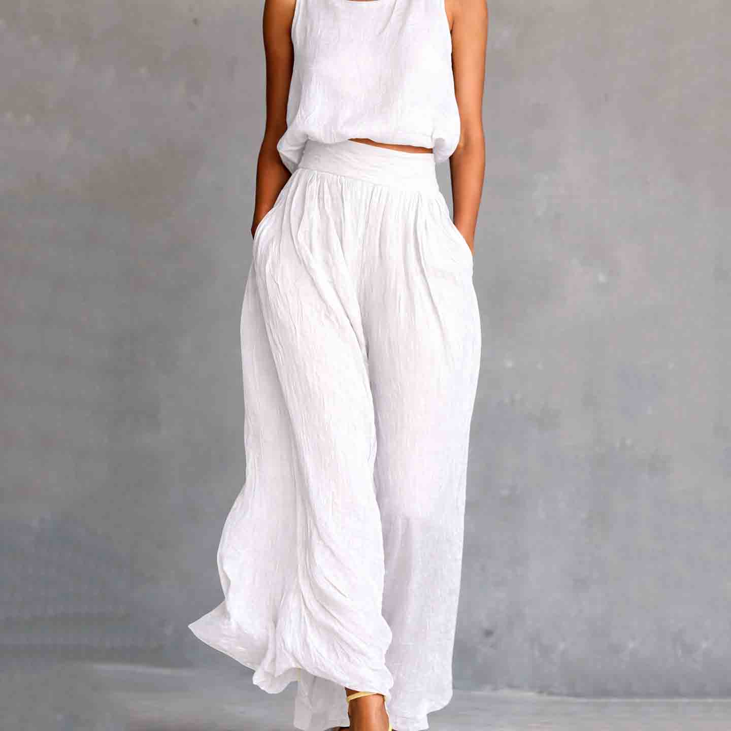 Casual Sleeveless Loose Round Neck Top Wide Leg Pants Two-piece Set