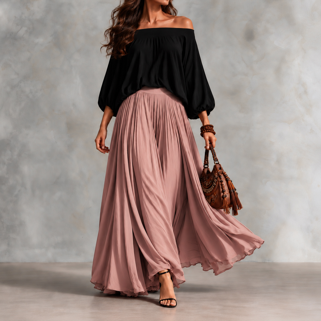 Elegance Solid-color Off-shoulder Top And Skirt Two-piece Set
