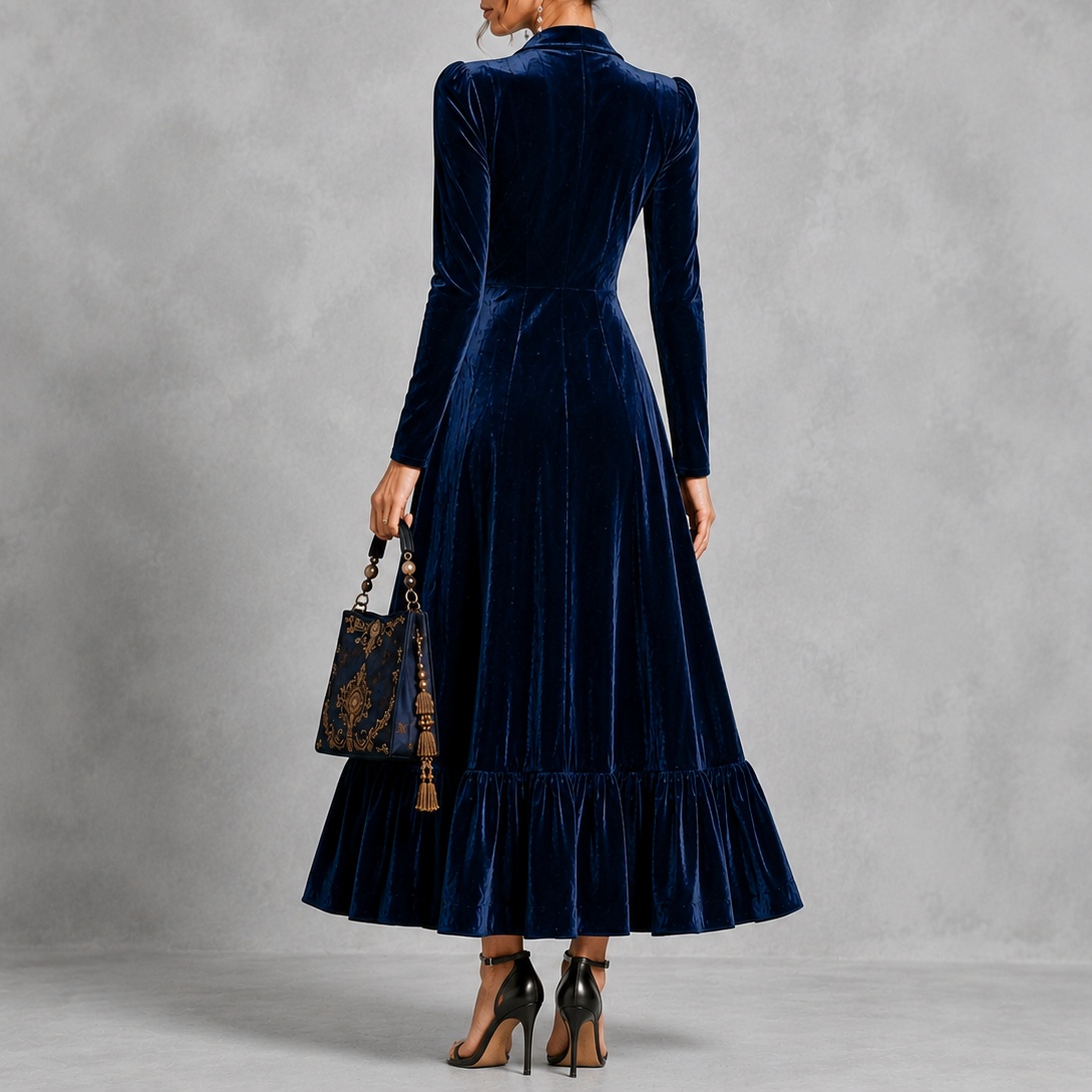 Elegant Solid Color Button-down Collar Long Sleeves Fitted Waist Maxi Dress