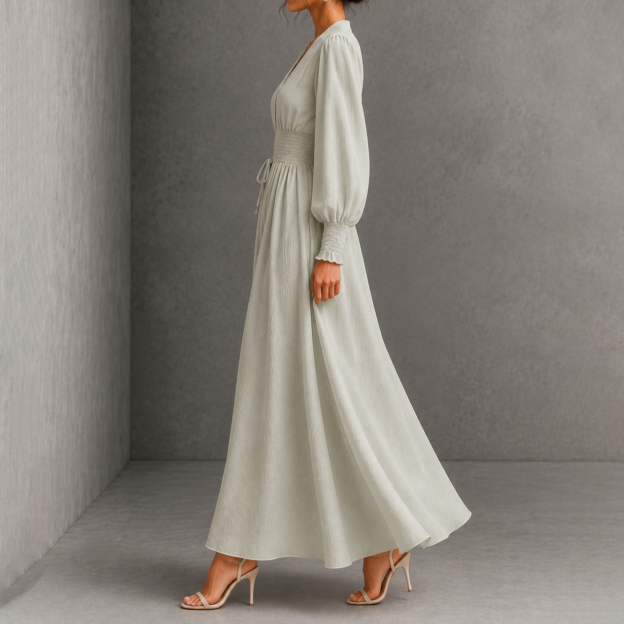 Elegance V-neck Belted Waist Long Sleevess Maxi Dress