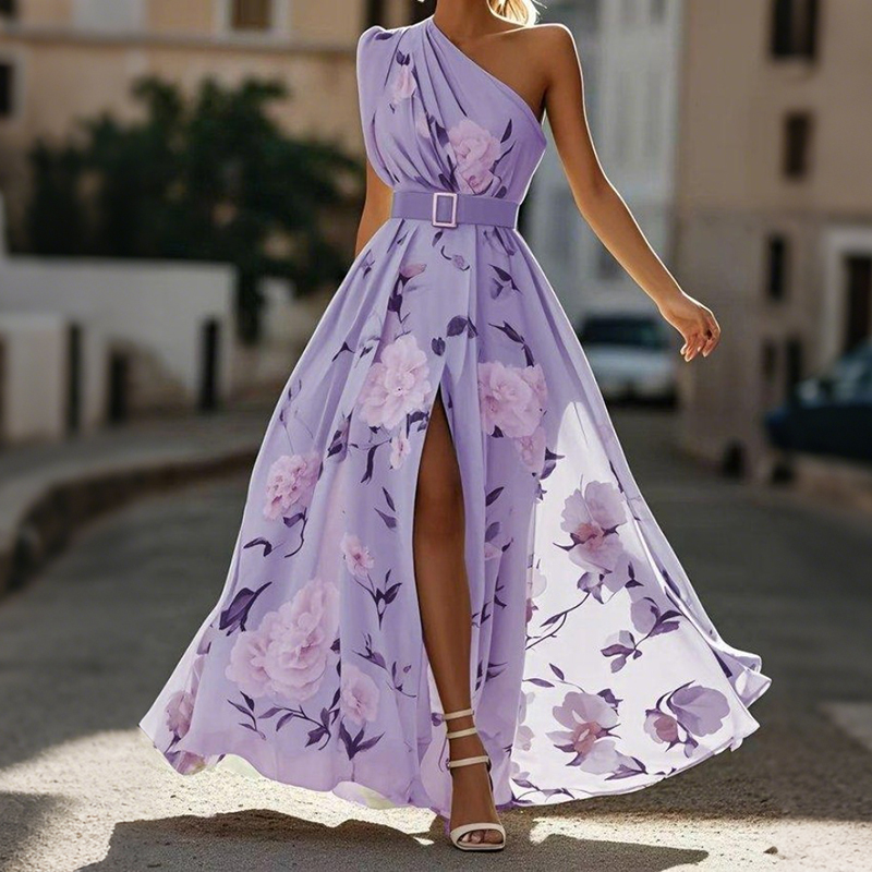 Elegant One Shoulder Slit Floral Chiffon Maxi Dress