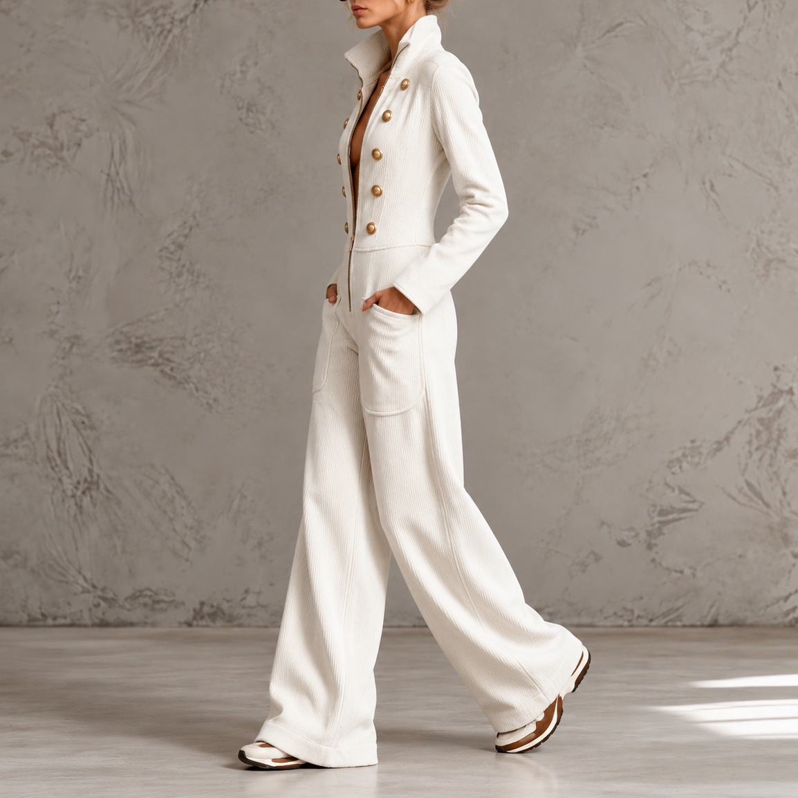 Stand Collar Front Zipper Corduroy Wide-leg Jumpsuit 