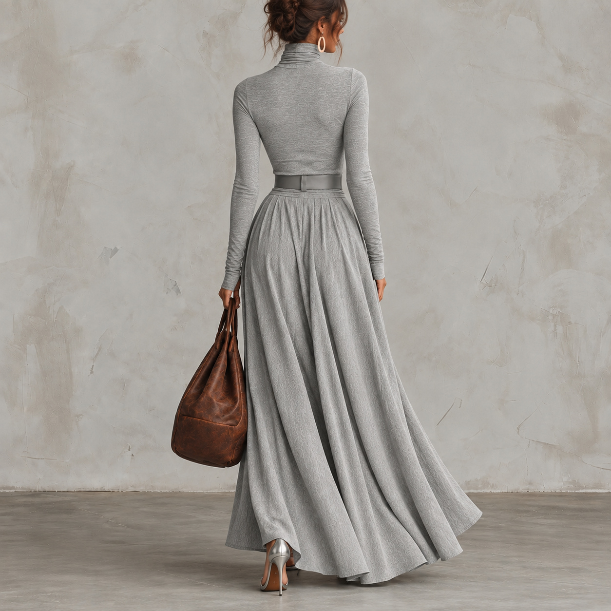 Elegant Turtleneck Long-Sleeve Belted Side-Slit Maxi Dress