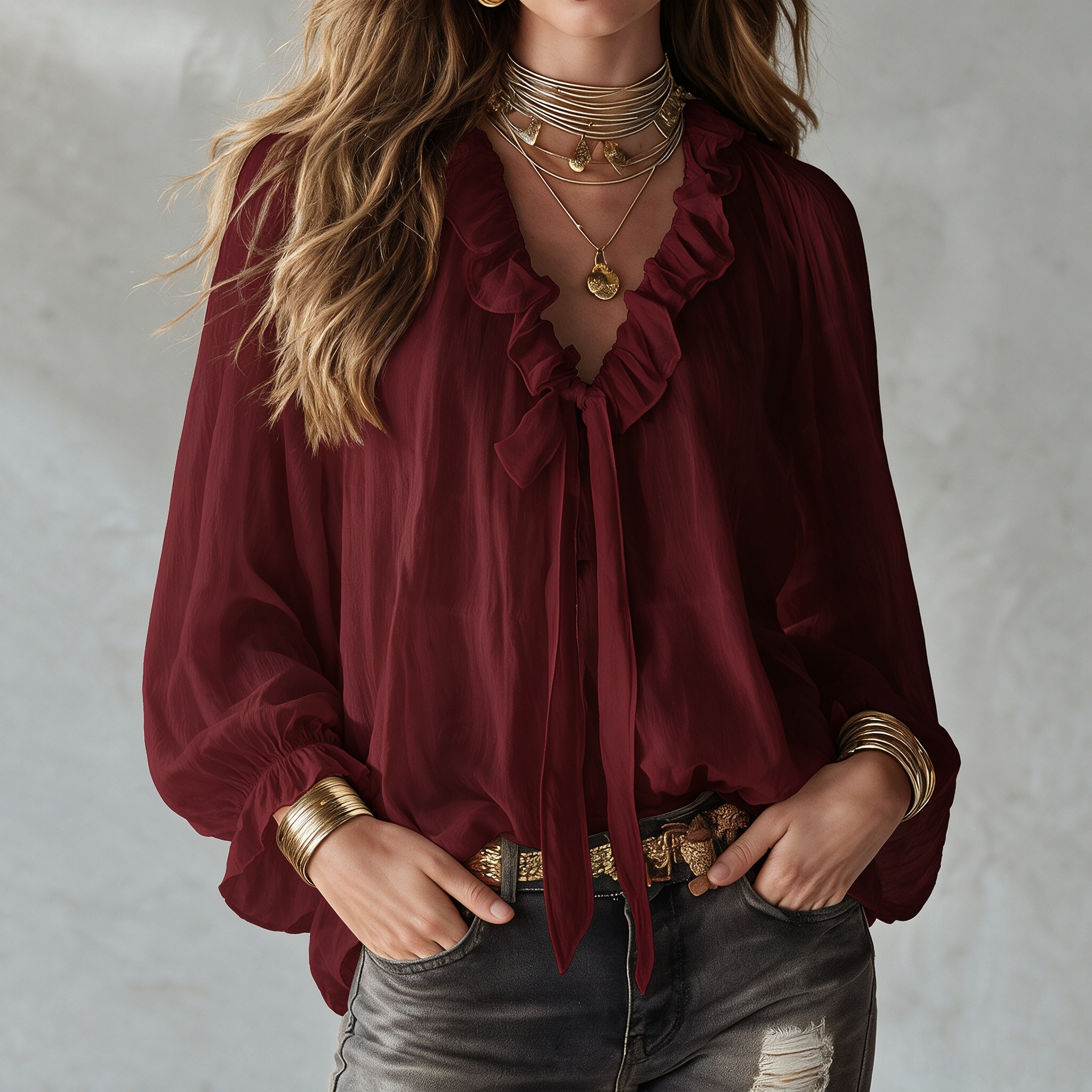 Elegant V-neck With Ruffled Tie Blouse