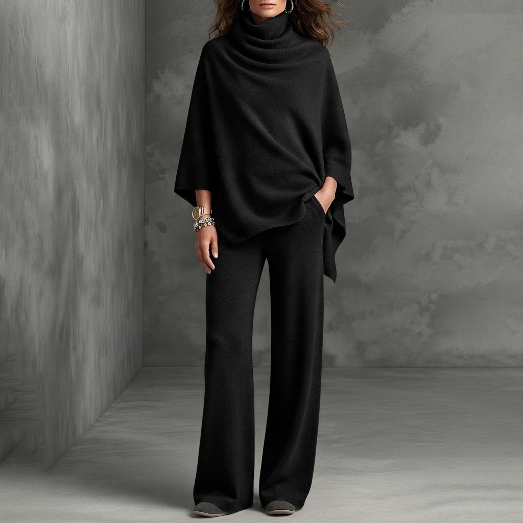 Retro Turtleneck Cape Cloak Top And Wide-leg Pants Two-piece Set