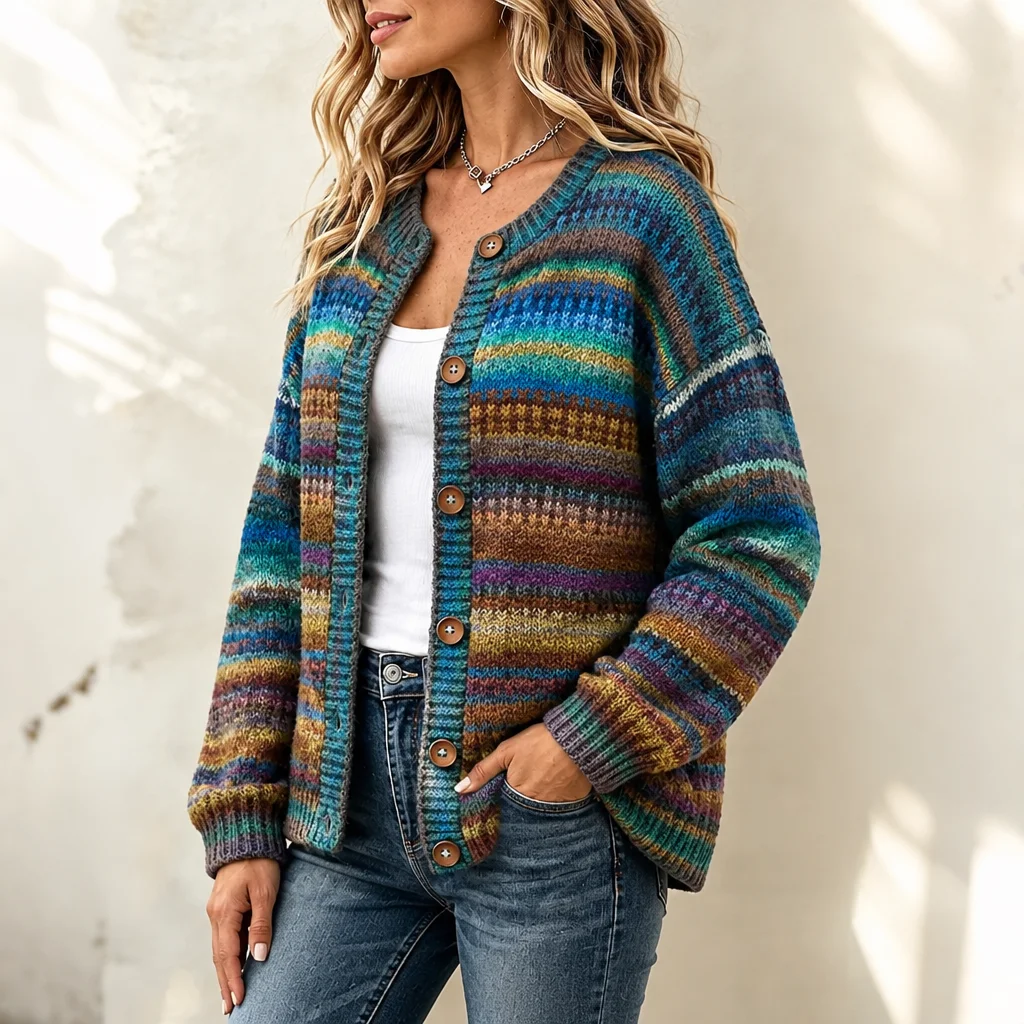 Women's Vintage Teal Multicolor Stripe Pattern Relaxed Fit Button Front Knit Cardigan Sweater