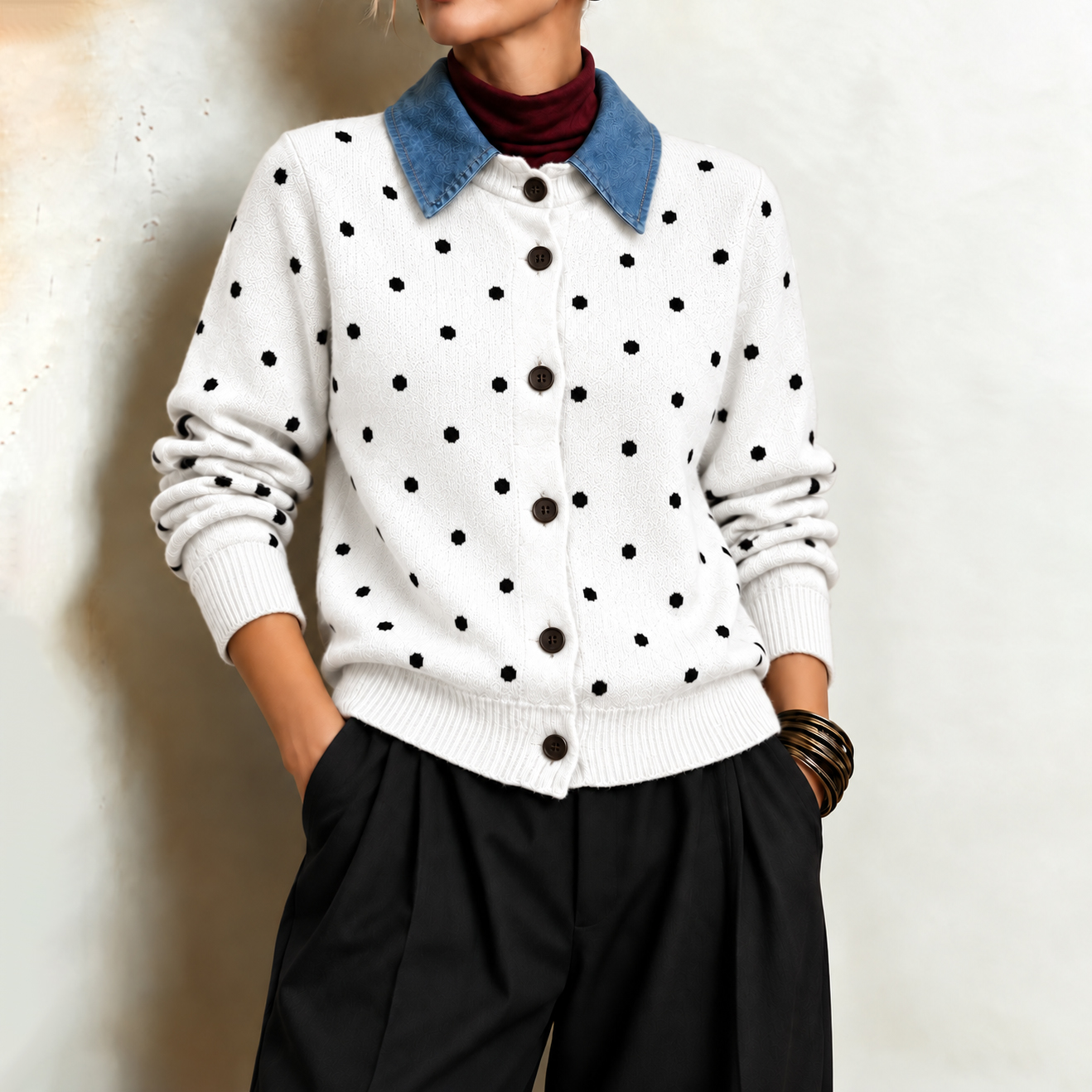 Women's Fall Winter Cozy Polka-dot "faux-layered" Denim Polo Collar Buttons Knit Cardigan