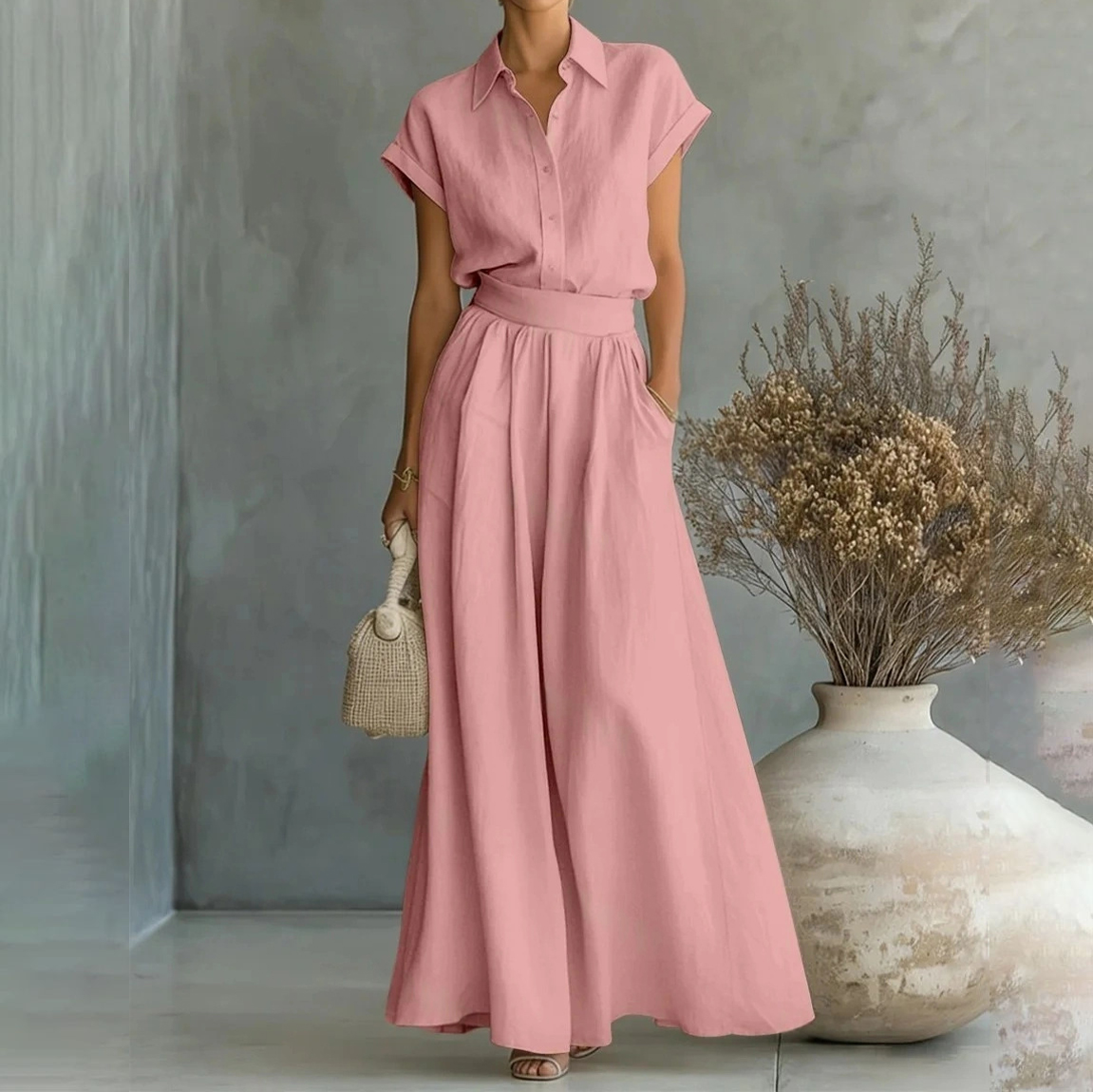Fashion Casual Solid Color Shirt Wide-leg Pants Two-piece Set