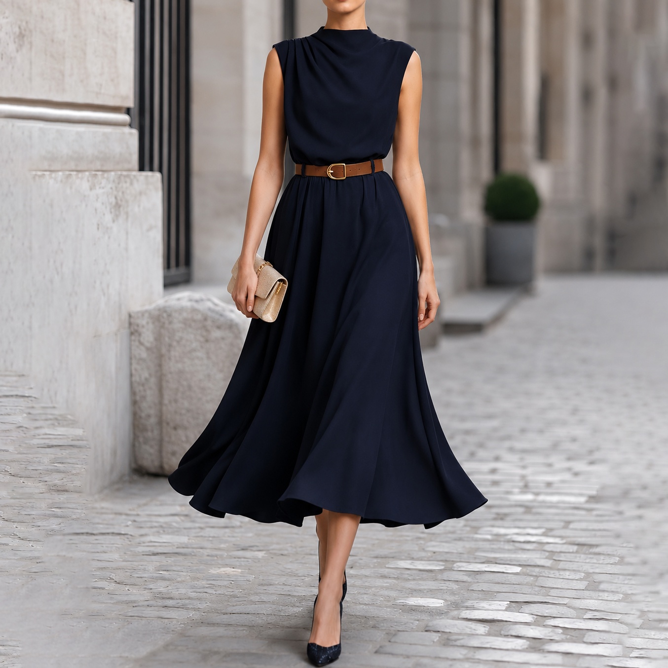 Elegant Solid Color Sleeveless With One-sided Ruching And Belt Maxi Dress