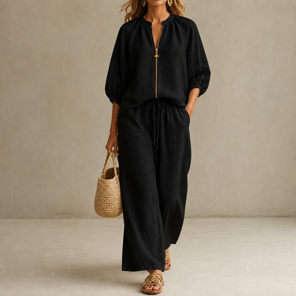 Vacation Loose-fitting Solid Color Zippered Round Neck Wide-leg Pants Suit