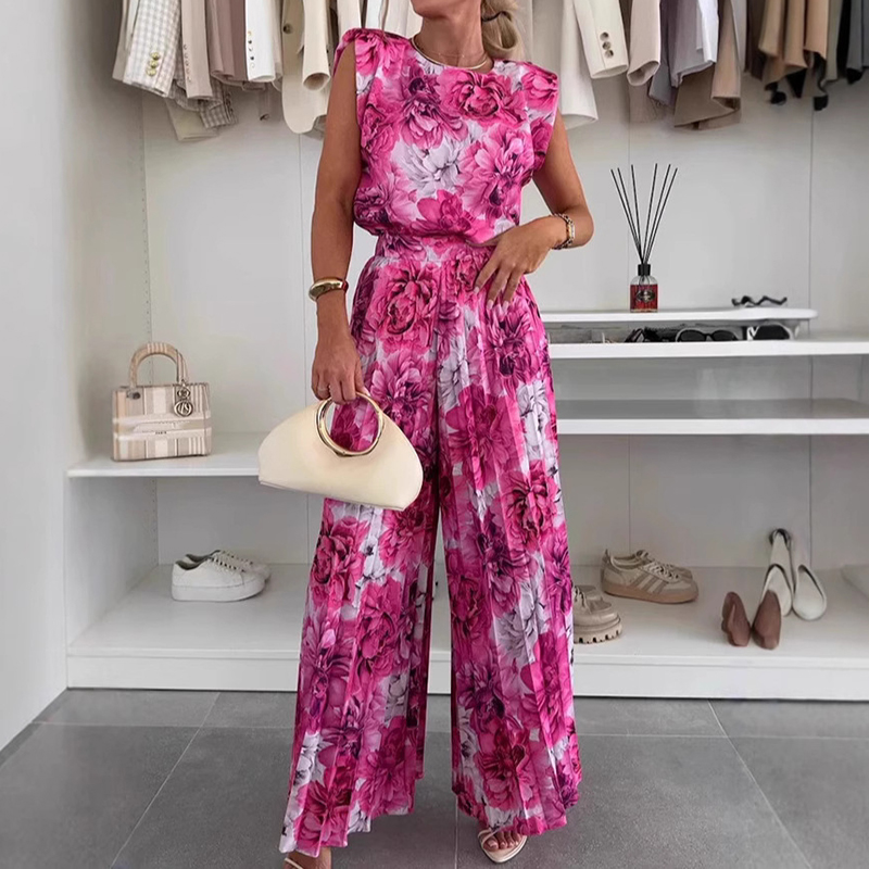 Elegant Round Neck Sleeveless Top And Pleated Wide-leg Pants Two Piece Set