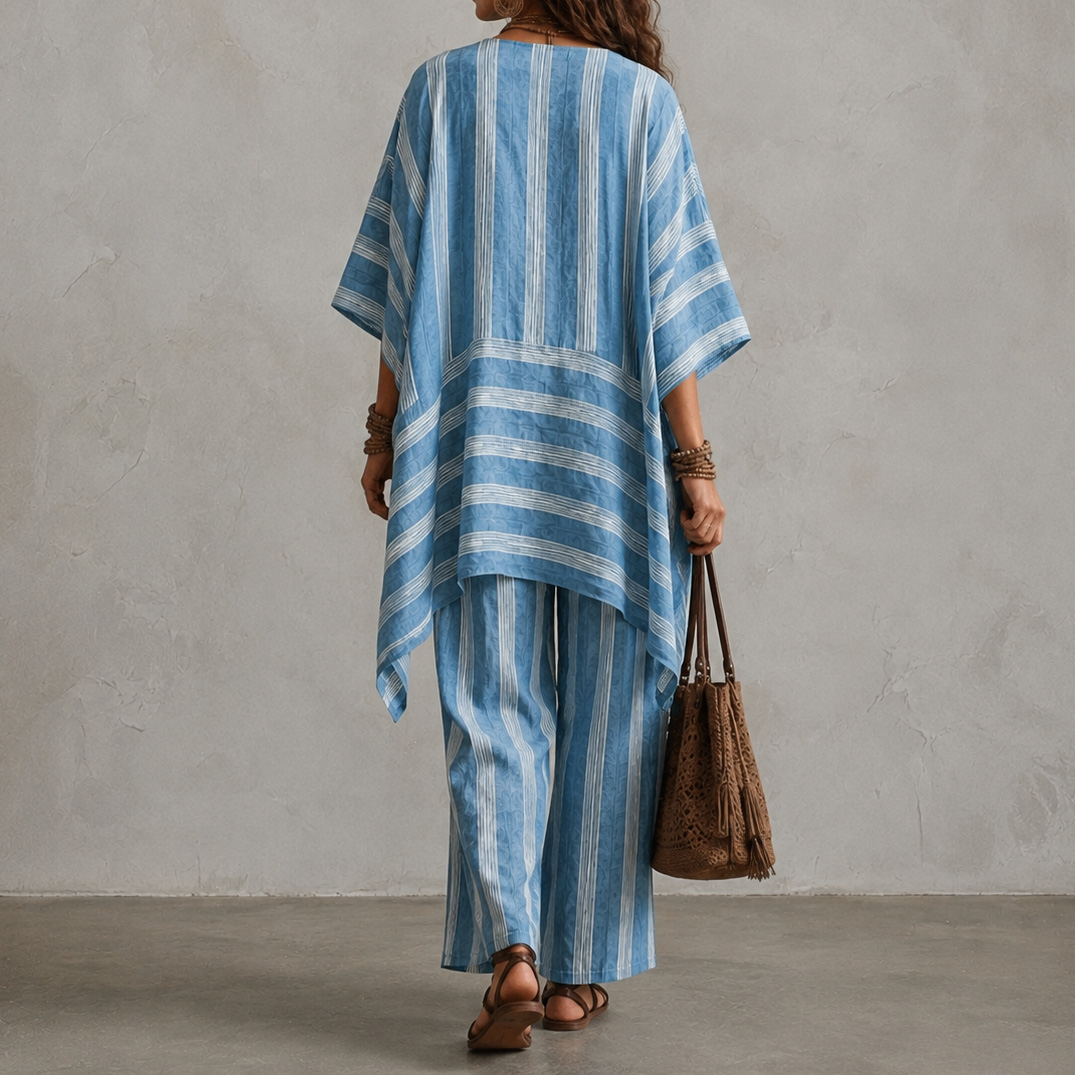 V-neck Loose Striped Top And Loose Wide-leg Pants Two-piece Set