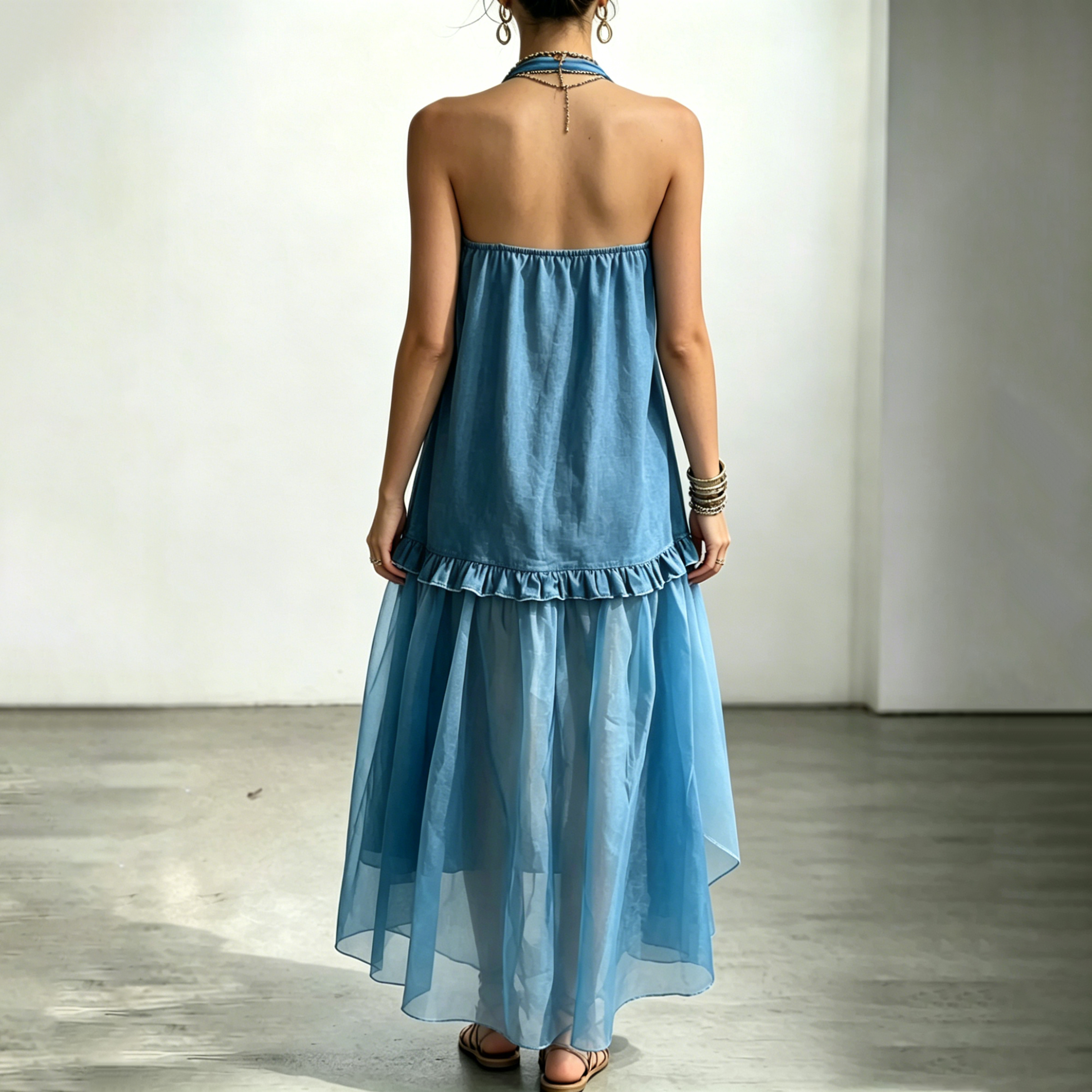 Retro Mesh Irregular Splicing Halter V-neck Maxi Dress