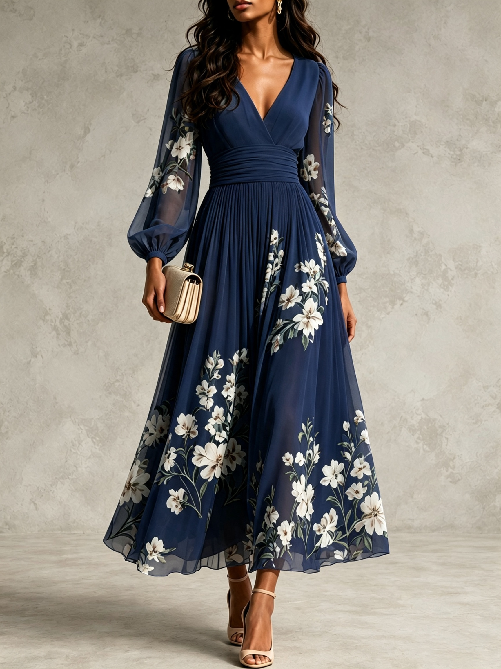 Elegant Floral Print Long-sleeved V-neck Pleated Dress