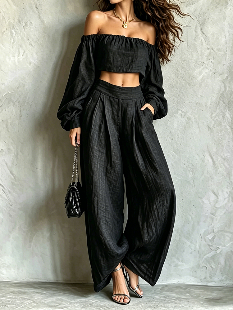 Off--shoulder T-shirt And Loose Wide-leg Pants Two-piece Set