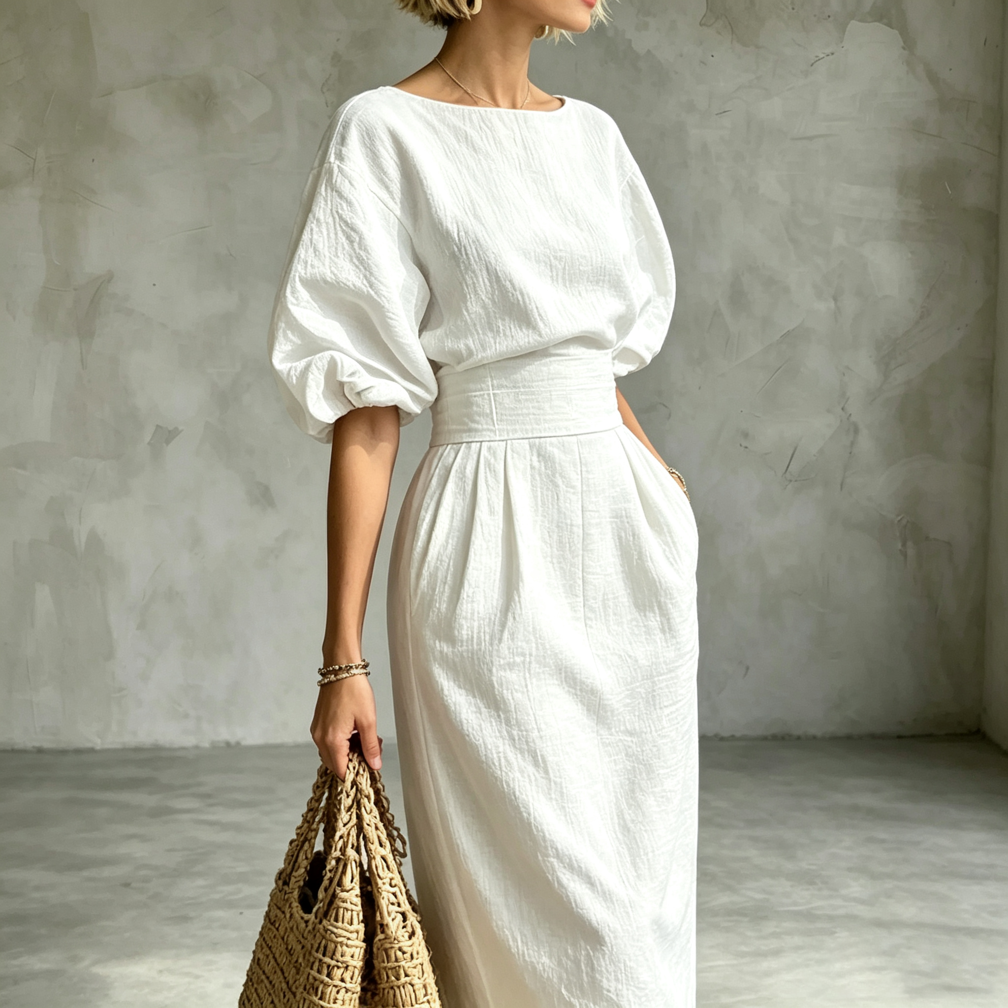 Elegant Pleated Waist Boat Neck A-line Skirt With Puff Sleeves Max Dress