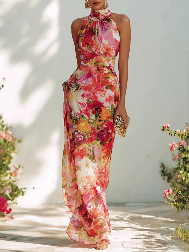 French Elegant Floral Halterneck Sleeveless Slim Chiffon Dress