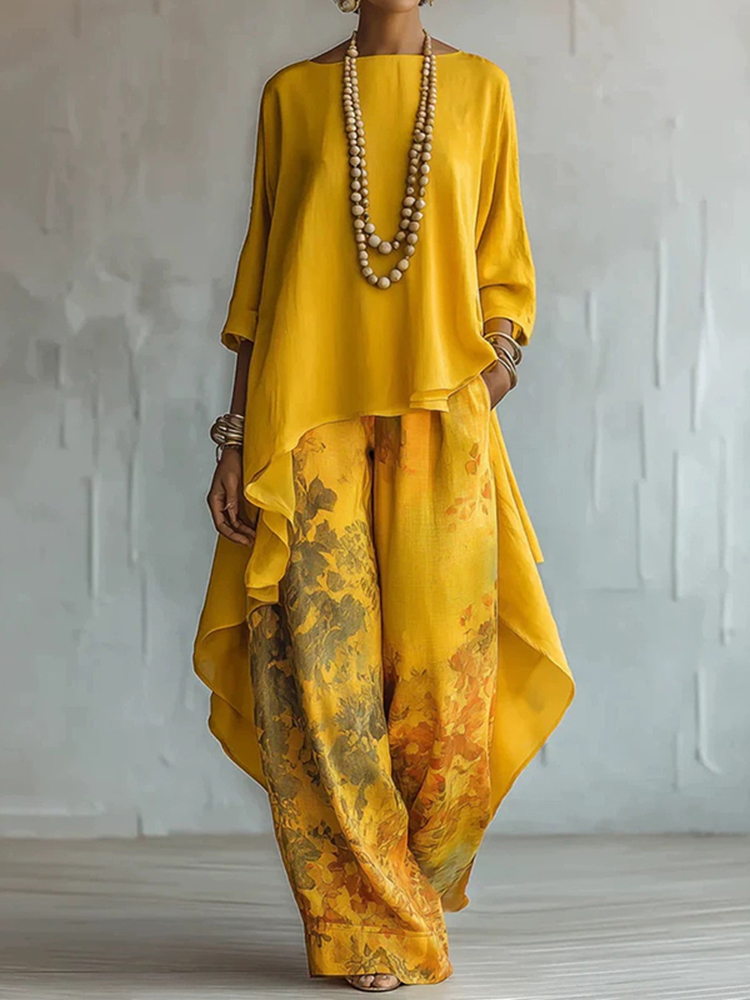 Elegant Flower Print Irregular Shirt And Wide Leg Pants Two Piece Set