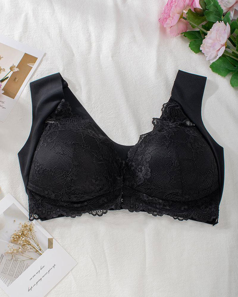 Women's Contrast Lace Hook & Eye Front Pushup Bra