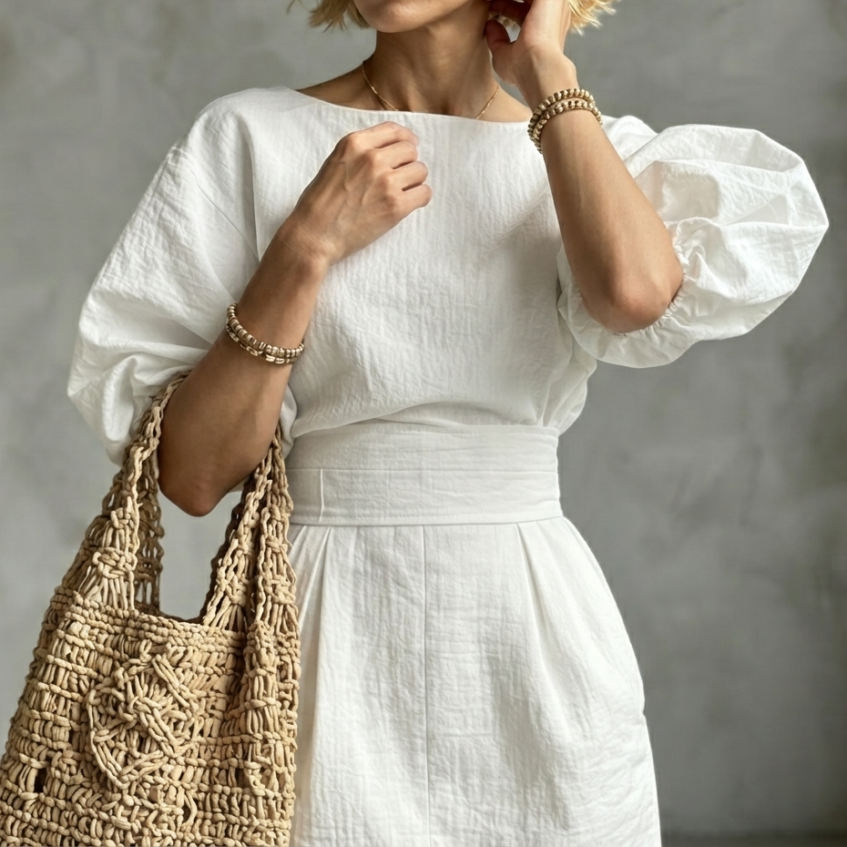 Elegant Pleated Waist Boat Neck A-line Skirt With Puff Sleeves Max Dress
