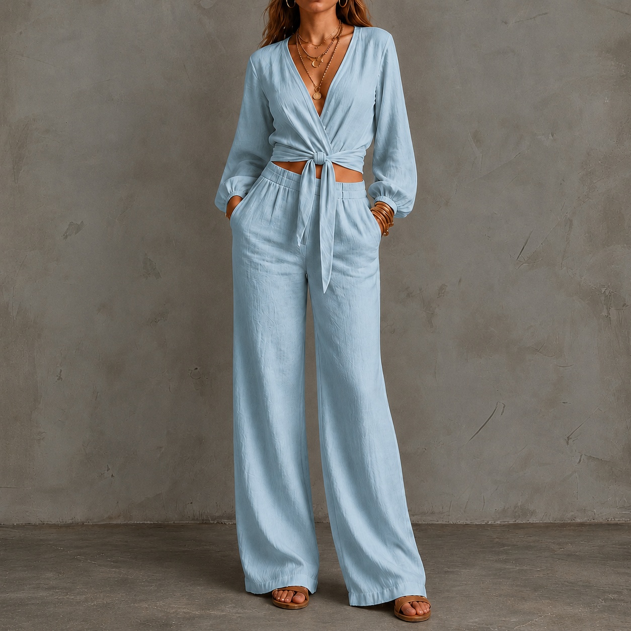 Fitted Waist Belted V-neck Top And Wide-leg Pants Two-piece Set