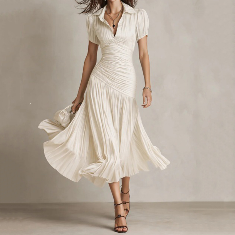 Elegant Striped V-neck Fitted Midi Dress