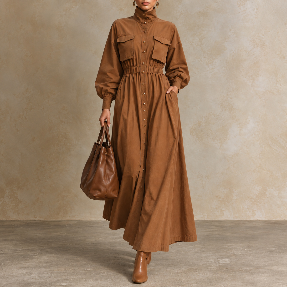 Retro Waist-cinching Stand-collar Button-front Dress Maxi Dress