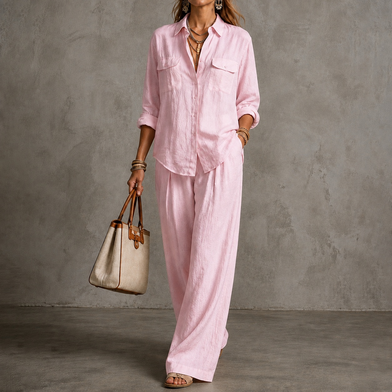 Elegance Long-sleeved Shirt + Wide-leg Pants Two-piece Set