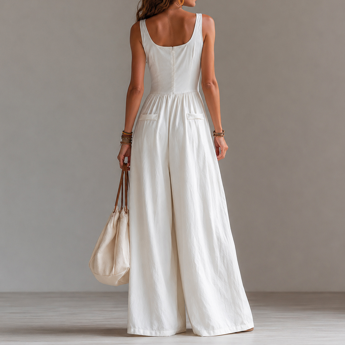 Retro V-neck Button-down Vest Jumpsuit