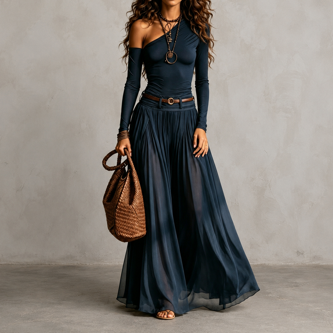  +1 Retro Solid Color Simple Off-shoulder Long-sleeved Dress