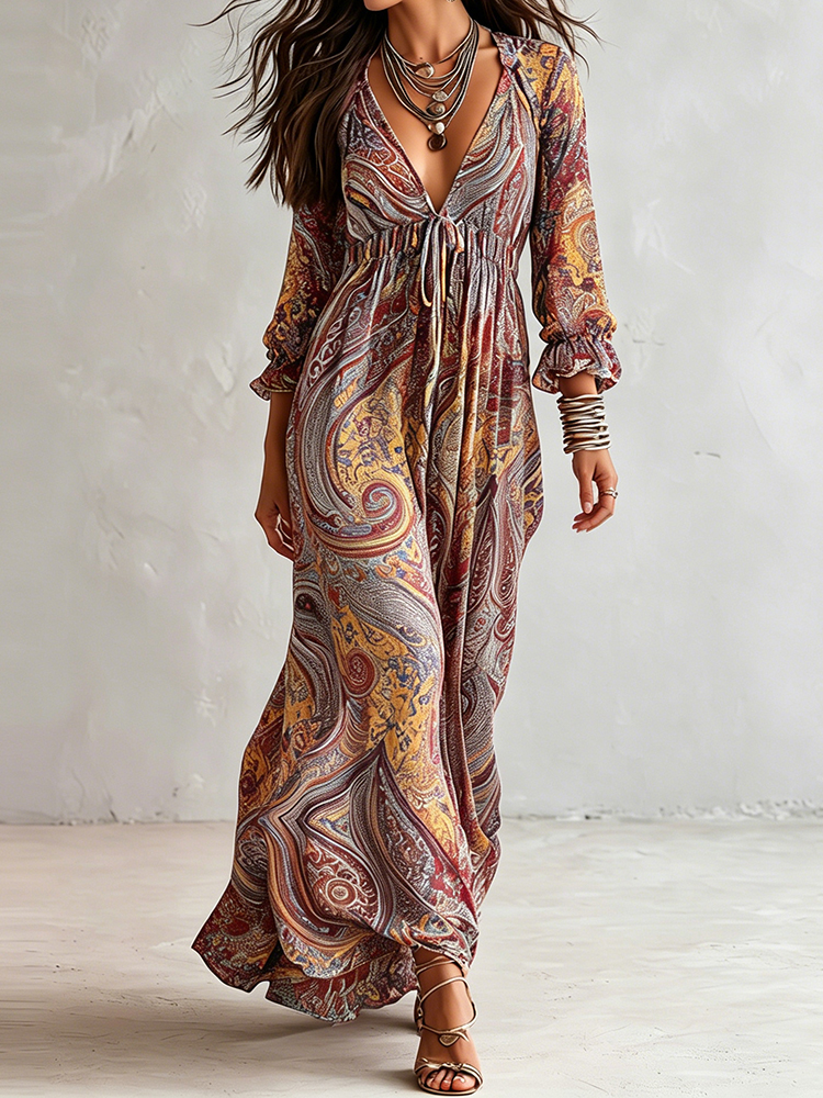 Retro Colorful Printed V-neck Irregular Ruffles Maxi Dress