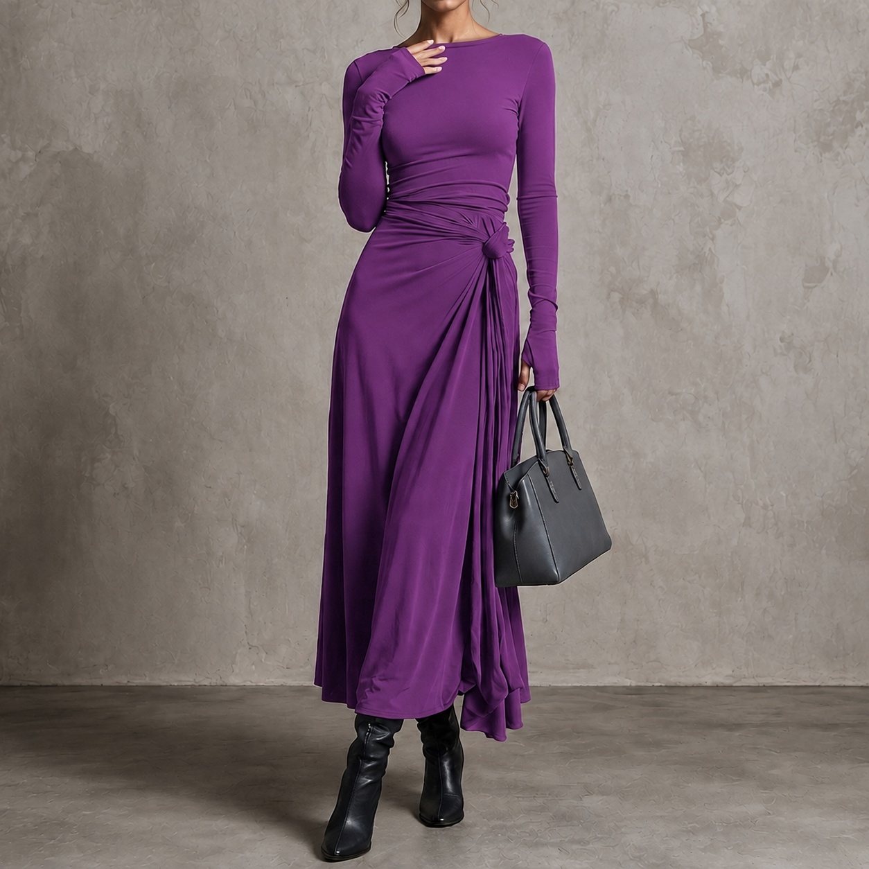 Elegant Solid Color Stretch Fabric Long Sleeve Maxi Dress