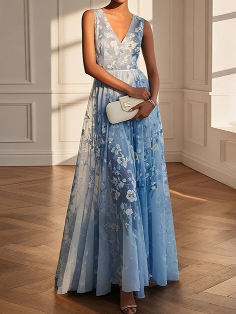 Elegant Chiffon Floral Print Sleeveless Dress