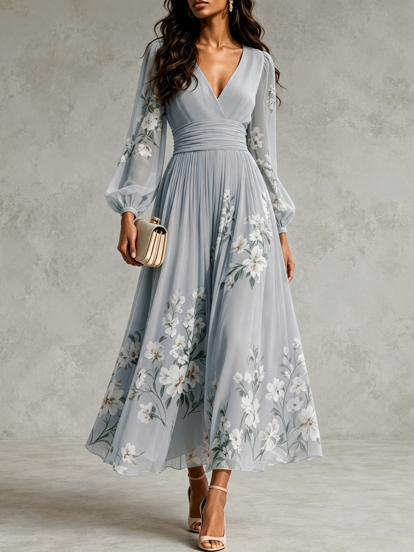 Elegant Floral Print Long-sleeved V-neck Pleated Dress