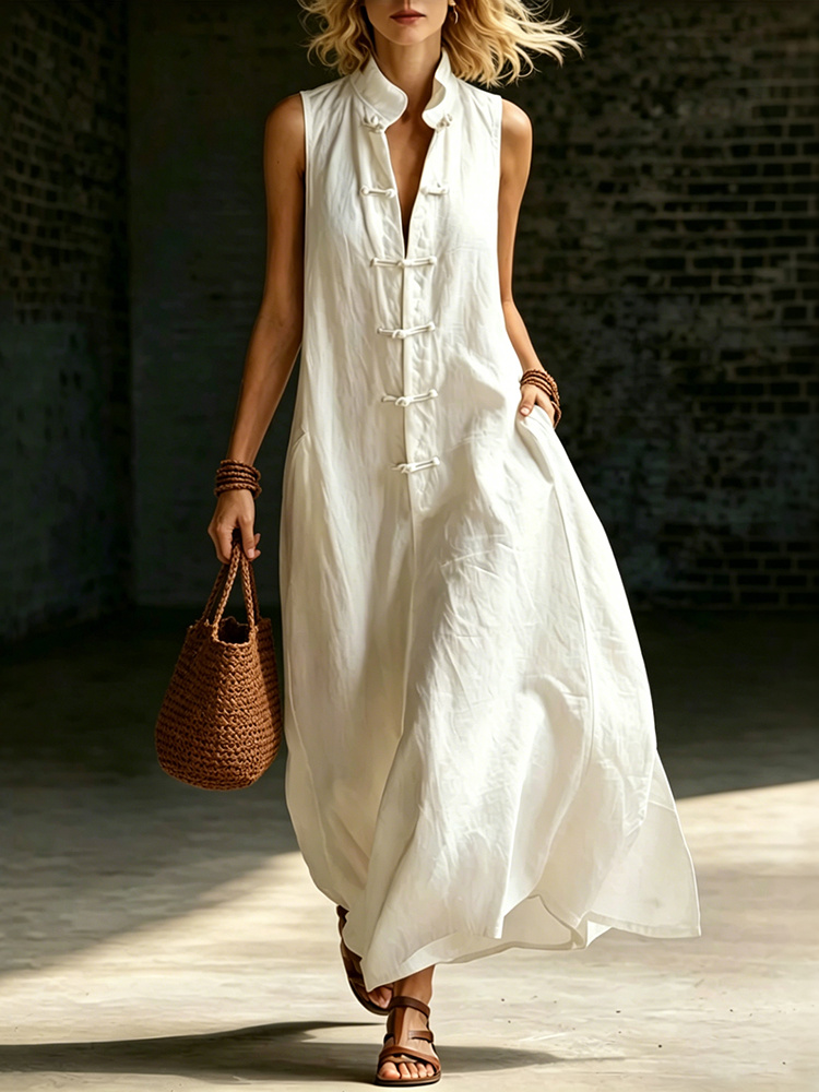 Vacation Stand-up Collar Buttons Loose Fit Maxi Dress