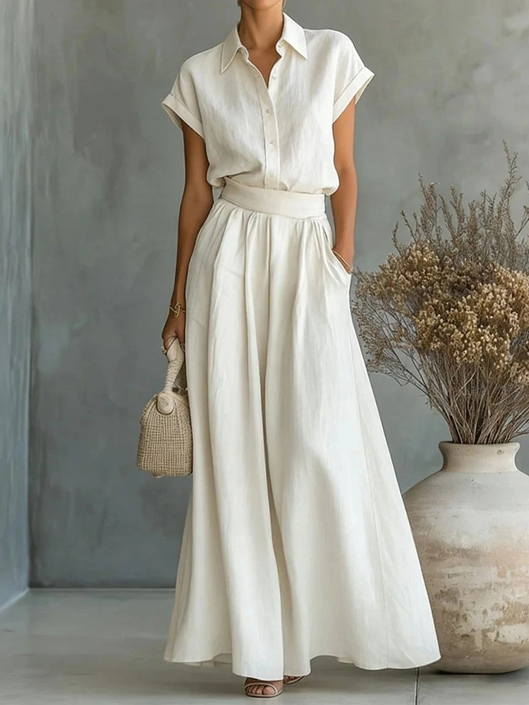 Fashion Casual Solid Color Shirt Wide-leg Pants Two-piece Set