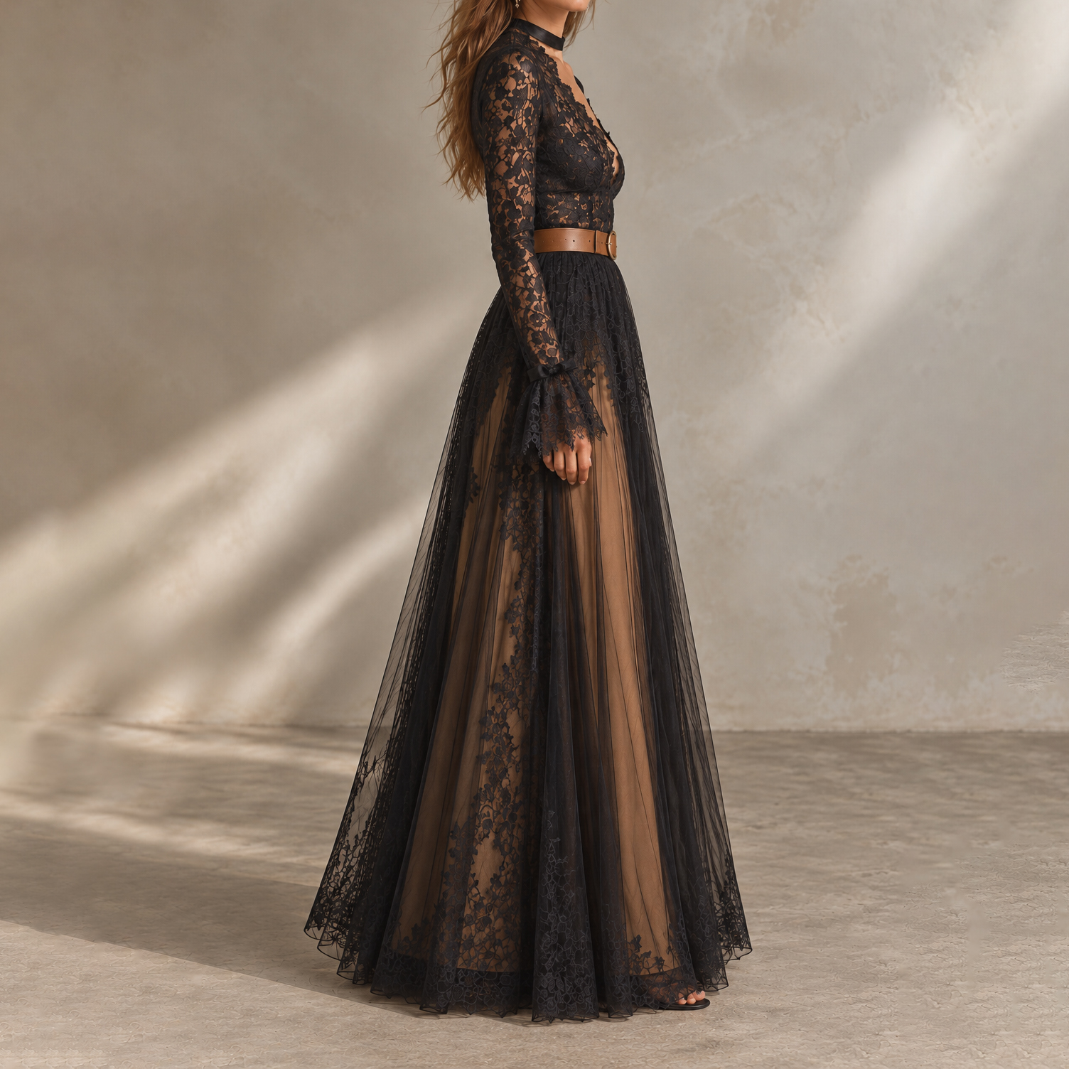 Retro Long-sleeve Lace Maxi Dress
