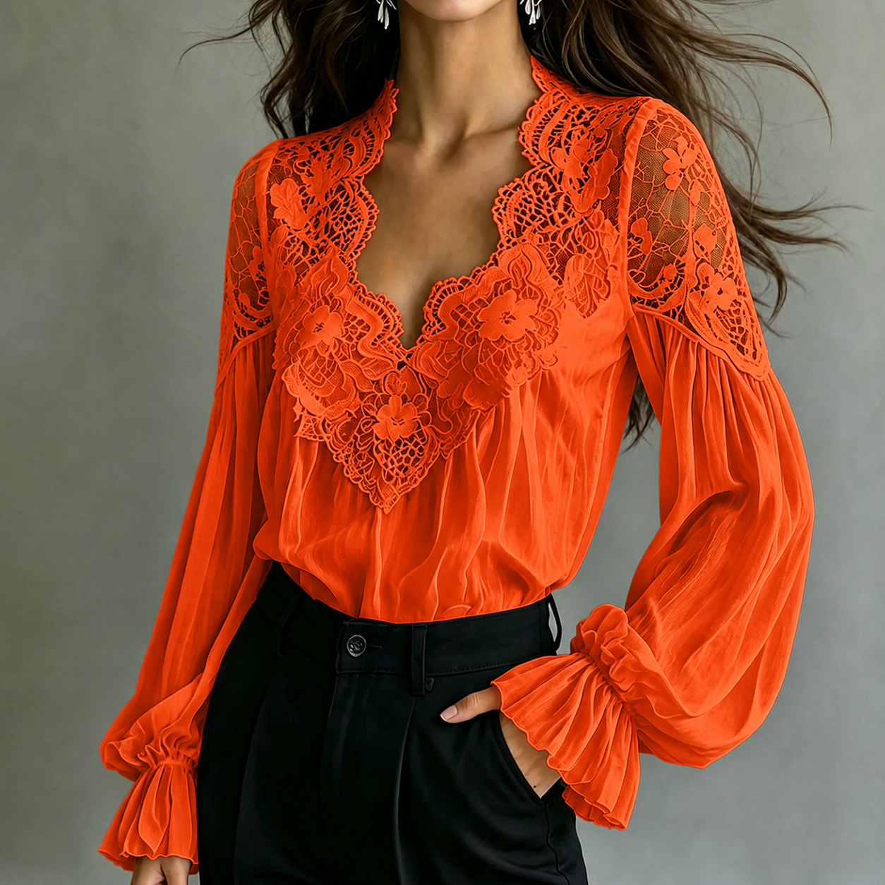 Elegant Lace-trimmed Long-sleeved Blouse