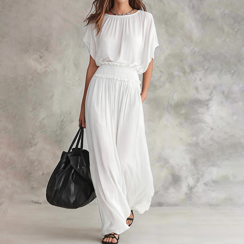 Elegant Solid Color Round Neck Short Sleeve Flowy Maxi Dress